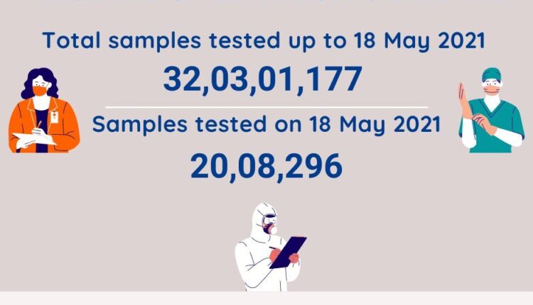 18 मई 2021 तक COVID19 के लिए 32,03,01,177 कोरोना का परीक्षण किया गया। इनमें से कल 20,08,296 कोरोना का परीक्षण किया गया
